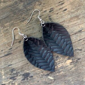 Black Braid Genuine Leather Earrings, Petal Style